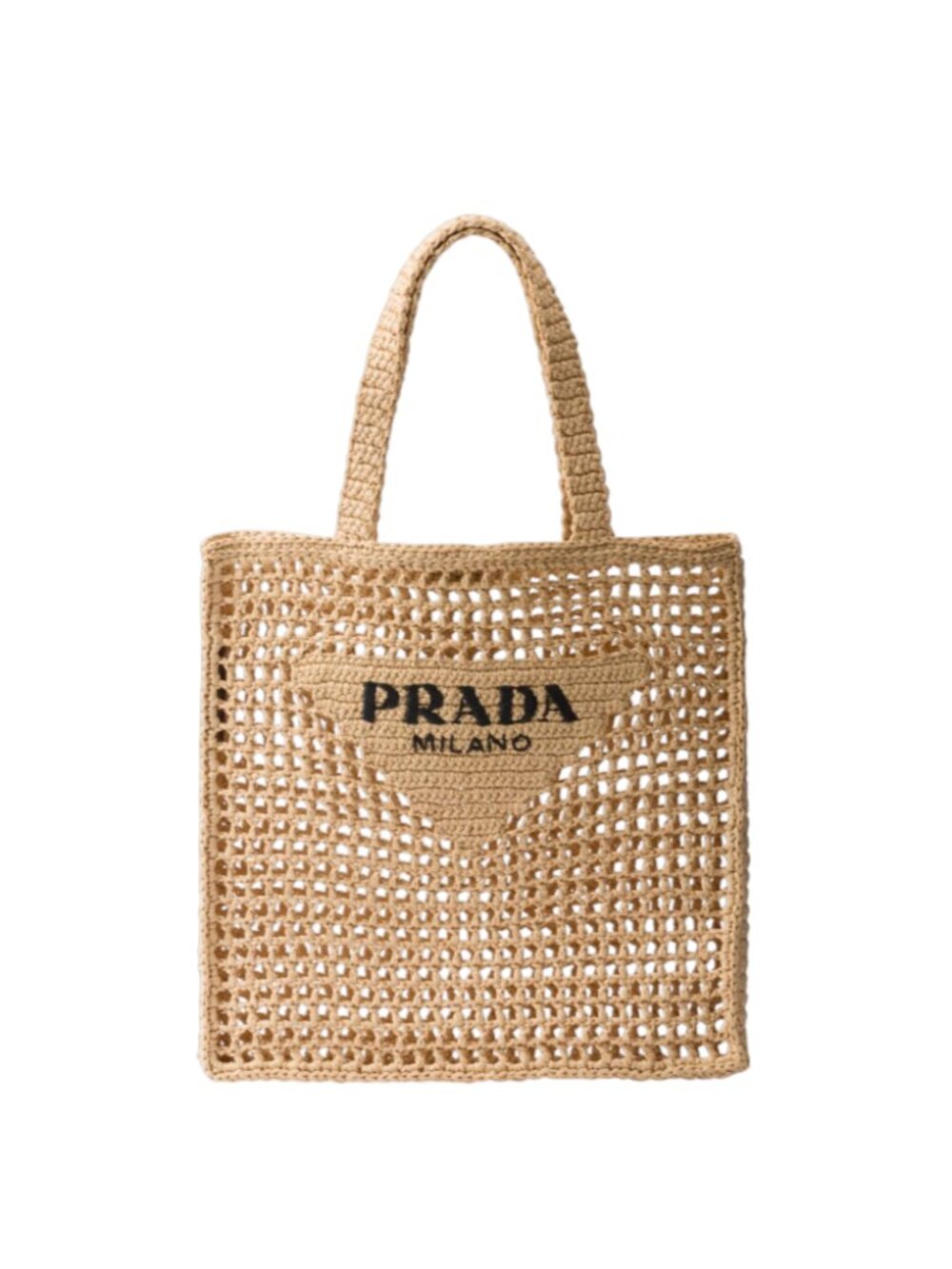 Prada Crochet Raffia Tote Shoulder Bag Purse Womens Tan Natural Black Logo MINT